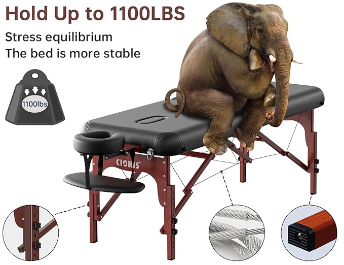 CLORIS 84" Professional Massage Table Portable 2 Folding Lightweight Facial Salon Spa Tattoo Bed Height Adjustable with Carrying Bag & Wooden Leg Hold Up to 1100LBS Black CLORIS-Direct