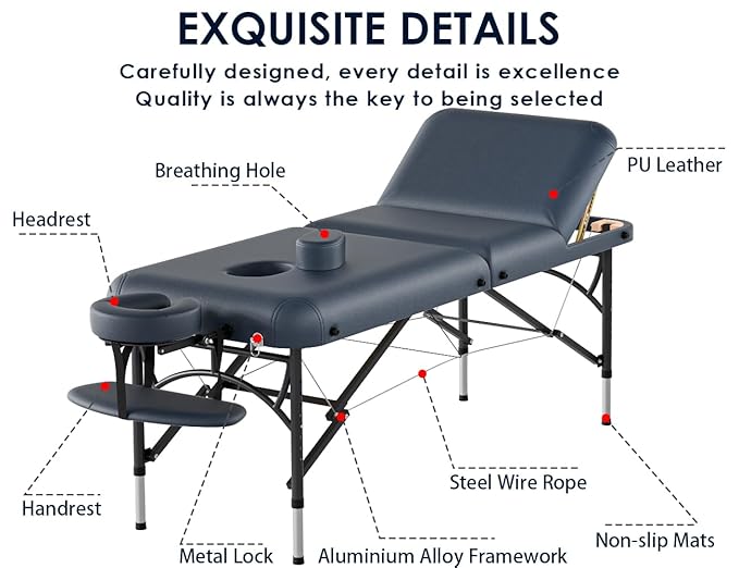 CLORIS 84" Professional Massage Table Portable 3 Folding Lightweight Facial Salon Spa Tattoo Bed Height Adjustable with Carrying Bag & Aluminium Leg Hold Up to 1100LBS Blue CLORIS-Direct