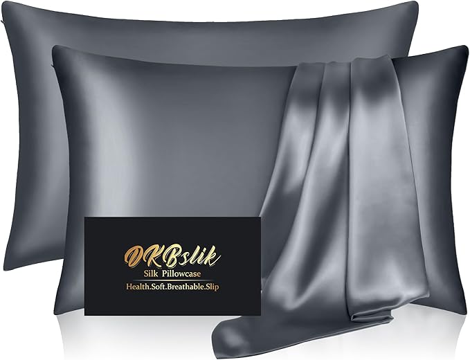 Silk Pillow Cases 2 Pack, Mulberry Silk Pillowcases Standard Set of 2, Smooth, Anti Acne, Both Sides Natural Silk Satin Pillow Cases for Sleeping Women 2 Pack with Zipper, Space Grey