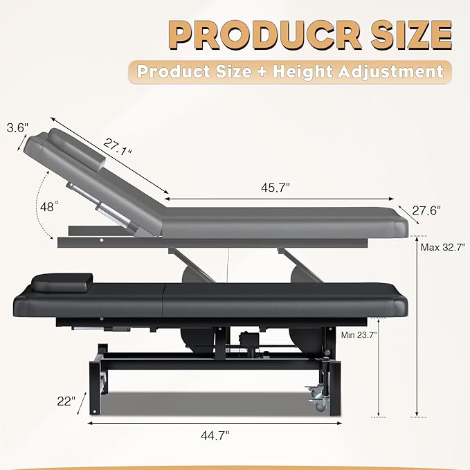 Stationary Massage Table with Memory Foam, Massage TattooTable with Adjustable Height, Facial Bed for Esthetician, PU Leather for Physical Therapy & Spa (Metal/ 2 Molds-Black, 44.7''L x 22''W) Kick Boosters