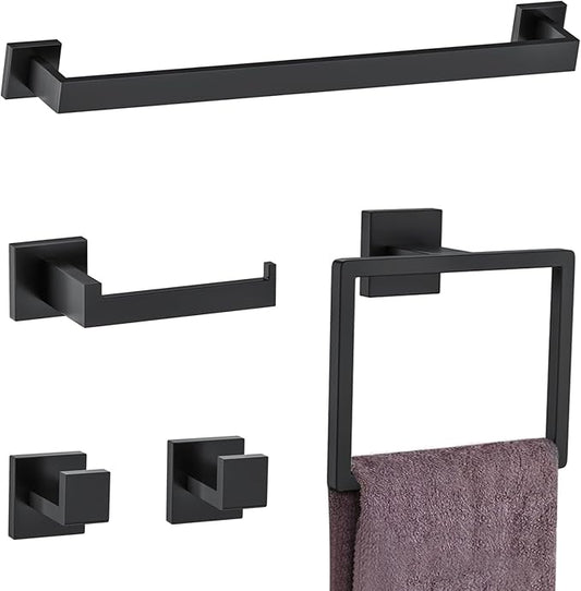 5 Pieces Towel Bar Set Matte Black Bathroom Hardware Accessories Set Include Towel Rack TP Holder Towel Ring Coat Hooks Stainless Steel Wall Mounted Towel Holder Set for Bathroom,23.6 in Woekme