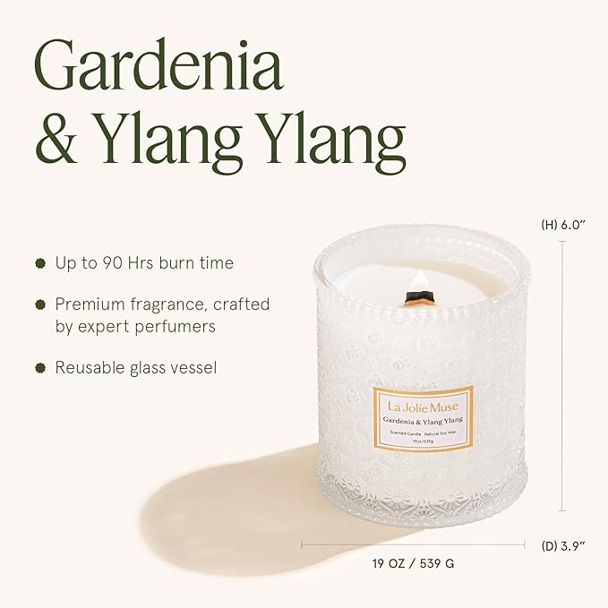 LA JOLIE MUSE Gardenia & Ylang Ylang Scented Candle – Ylang, Tuberose, Orange Blossom |19 oz Large Wooden Wick Candle | Natural Soy Wax | 90 Hours Clean Burn | Gift-Ready for Hosts LaJol%C3%ADeMuse