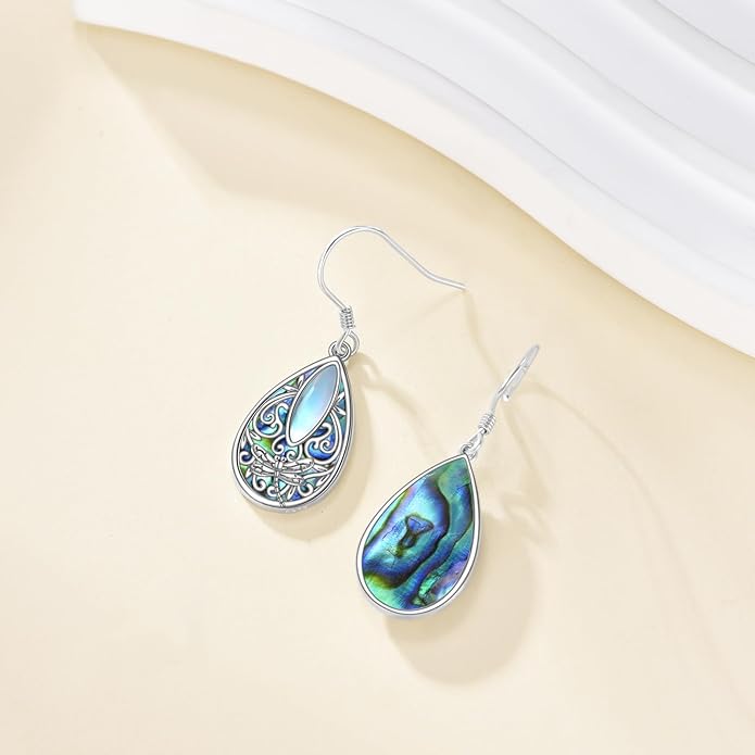YFN Filigree Moonstone Dragonfly Earrings Sterling Silver Teardrop Bohemian Irish Celtic Knot Drop Dangle Earrings Abalone Shell Jewelry Gifts for Women YFN