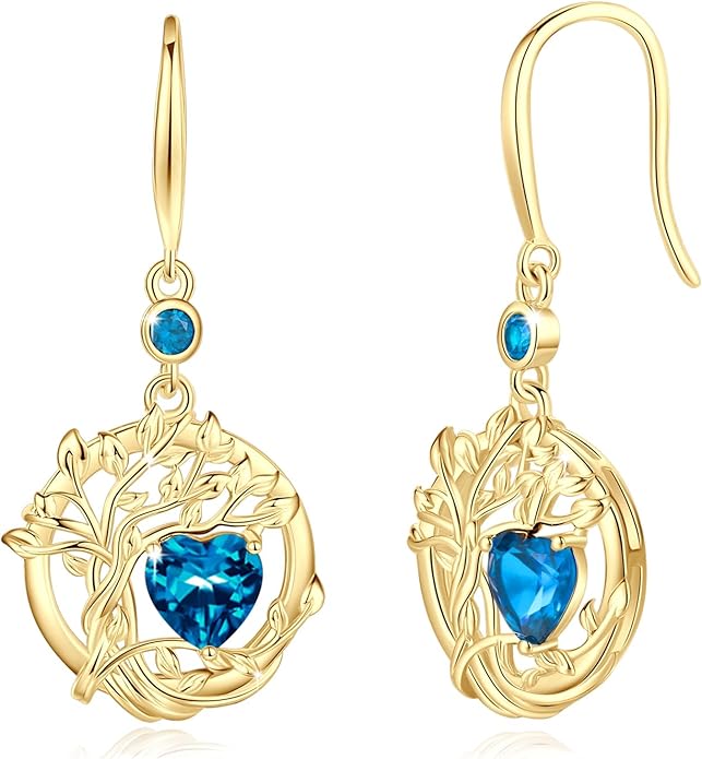 FANCIME Tree of Life Dangle Drop Earrings 925 Sterling Silver Dainty Round Gemstone Birthstone Earring Fine Jewelry Birthday Christmas Gifts for Her Women FANCIME