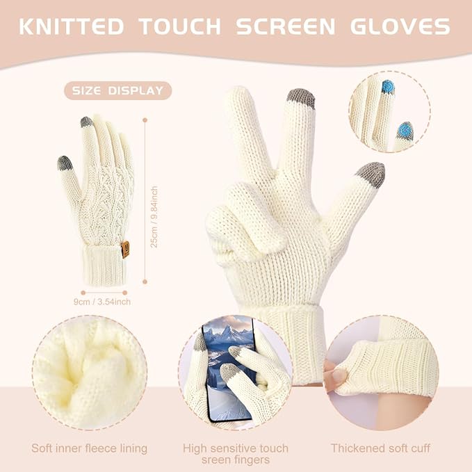 Womens Winter Warm Beanie Hat Long Scarf Touchscreen Gloves Set with Fleece Lined Skull Pom Caps 3 in 1 Set for Gift Kick Boosters