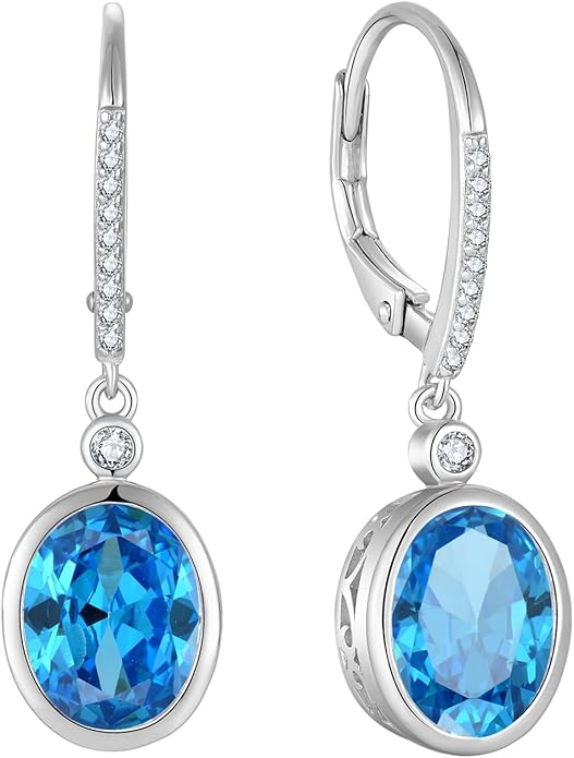 FJ Oval Cut Dangle Drop Earrings 925 Sterling Silver Leverback Earrings Birthstone Jewelry Gifts for Women FJ