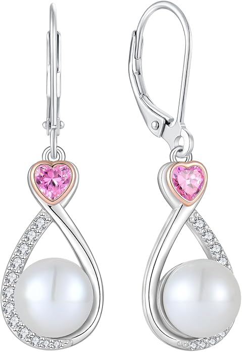 Heart Birthstone Pearl Earrings, 925 Sterling Silver Infinity Dangle Drop Leverback Earrings, 9mm Freshwater Cultured Pearl & 4mm Gemstone Jewelry Valentine's Day Gift for Women VESHONJEWELRY