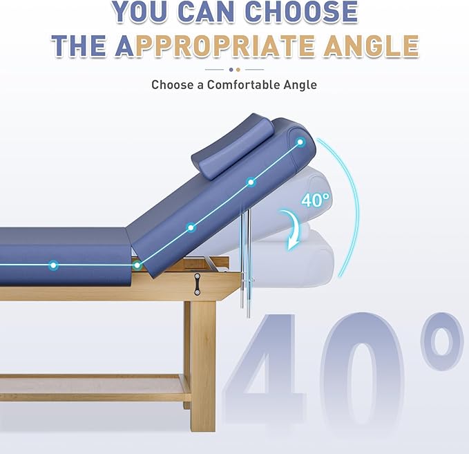 Stationary Massage Table with Memory Foam, Massage TattooTable with Adjustable Height, Facial Bed for Esthetician, PU Leather for Physical Therapy & Spa (Wood/Blue, 75''L x 28''W x 25''H) Kick Boosters