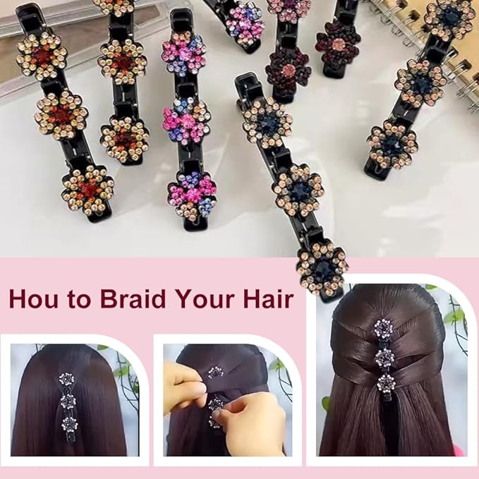 2 Pcs Sparkling Crystal Stone Braided Hair Clips, 2024 New Satin Fabric Hair Bands Rhinestone Four-Leaf Clover Hair Clip,Duck Bill Clips for Women Girls (4 Pcs) Pousbo
