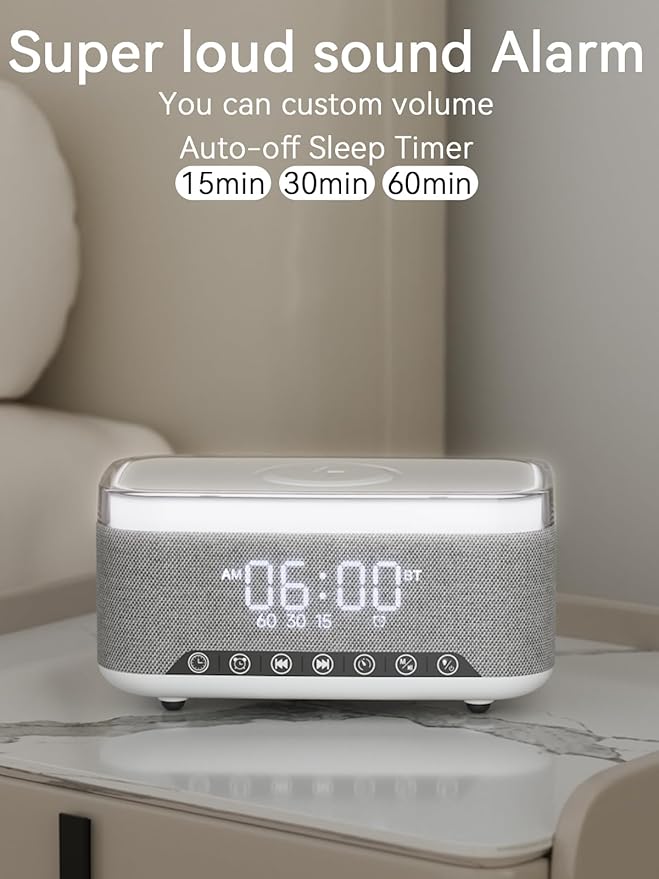 Bluetooth Speaker Alarm Clock with 10w Fast Wireless Charger for iPhone Samsung, 10W Stereo Bluetooth Speaker, 12-Color Night Light, White Noise Machine Digital Clock with FM Radio for Bedroom REATSOC