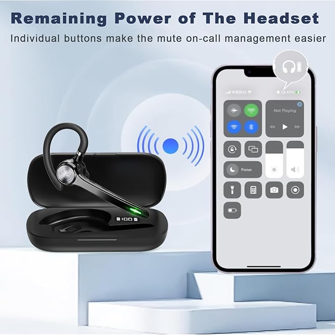 HEIBAS Bluetooth Headset, Wireless Bluetooth Earpiece with 500mAh Charging Case 72 Hours Talking Time Built-in Microphone for iOS Android Cell Phone, V5.1 Hand-Free Headphones for Office-Bright Black HEIBAS
