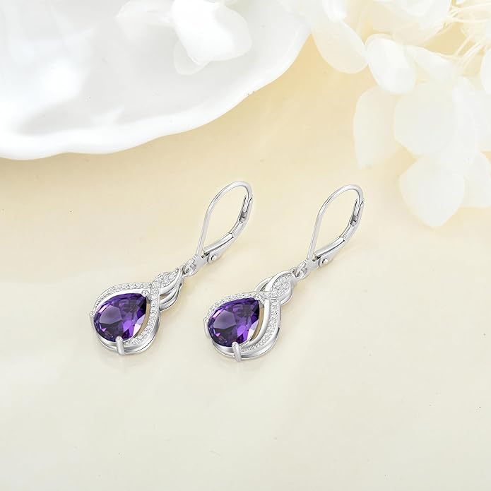 Infinity Teardrop Earrings 925 Sterling Silver Dangle Drop Leverback Earrings Pear Shaped Birthstone Jewelry Gifts for Women LWSARY