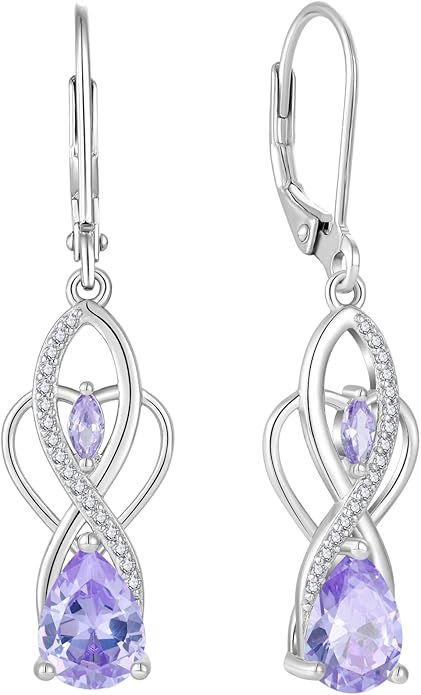 Infinity Butterfly Earrings 925 Sterling Silver Birthstone Dangle Drop Leverback Earrings Cubic Zirconia Hypoallergenic Jewelry Birthday Christmas Gifts for Women Mother Wife Her FYNSBLE