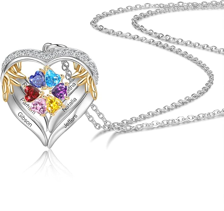 GLAMCARAT Personalized sterling silver pendant necklace with birthstone and name mothers jewelry heart shaped necklace for her birthstone necklace GLAMCARAT