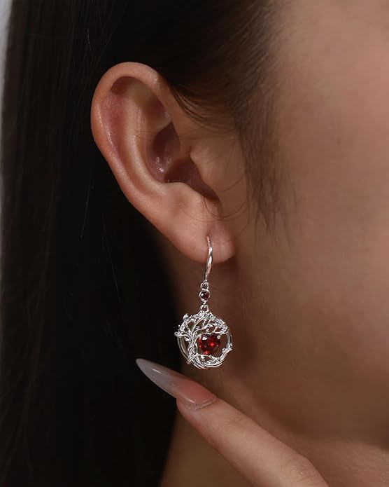 FANCIME Tree of Life Dangle Drop Earrings 925 Sterling Silver Dainty Round Gemstone Birthstone Earring Fine Jewelry Birthday Christmas Gifts for Her Women FANCIME