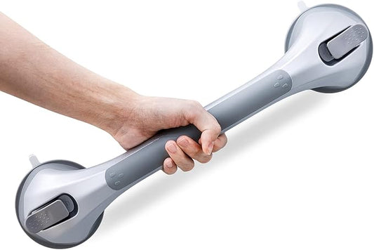 LEVERLOC Grab Bars for Bathtubs and Showers, Shower Handle 17 Inch Strong Suction Bath Handrails, Safety Grip for Bathroom Chair, Bathroom Grab Bar for Senior No Drilling Waterproof,Silver LEVERLOC