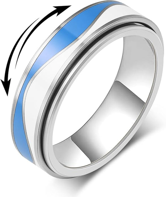 OreilleStar Fidget Anxiety Relief Ring for Women: Blue Sky and White Cloud Stripes Outer Band Fidget Toys Adults Stainless Steel Spinner Thumb Rings for Men Silver Gold Plated Size 5-10