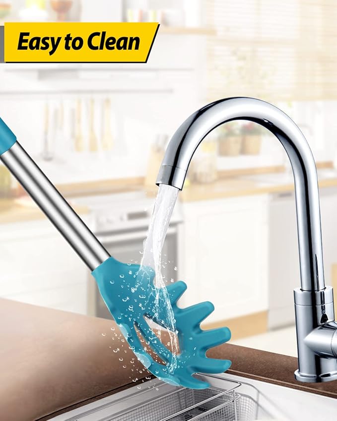 Silicone Pasta Fork and Ladle Spoon Set, Large Non Stick Kitchen Utensils for Cooking,Stirring,Serving Spaghetti, Soup, Sauce (BLUE) BUNDLEPRO