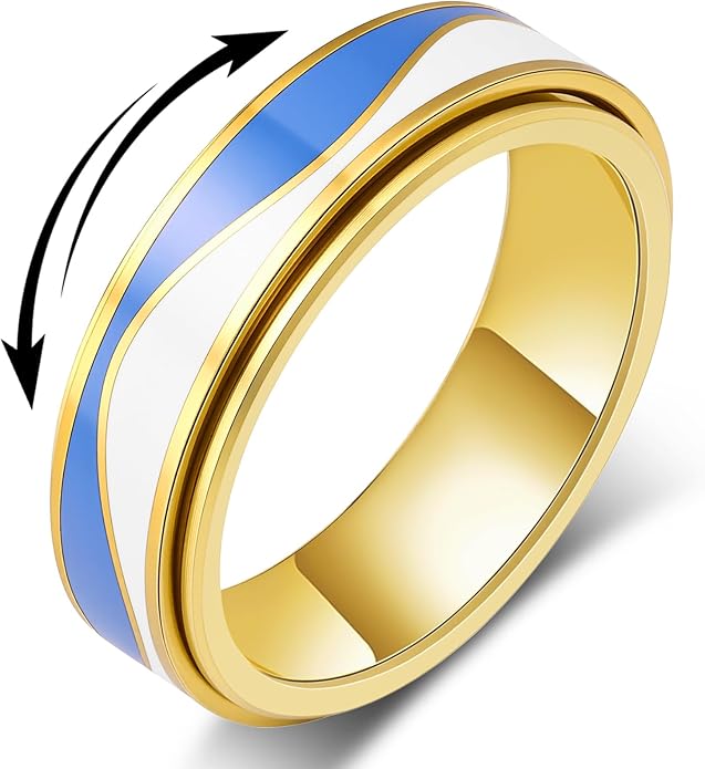 OreilleStar Fidget Anxiety Relief Ring for Women: Blue Sky and White Cloud Stripes Outer Band Fidget Toys Adults Stainless Steel Spinner Thumb Rings for Men Silver Gold Plated Size 5-10