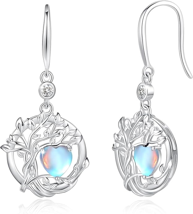 FANCIME Tree of Life Dangle Drop Earrings 925 Sterling Silver Dainty Round Gemstone Birthstone Earring Fine Jewelry Birthday Christmas Gifts for Her Women FANCIME
