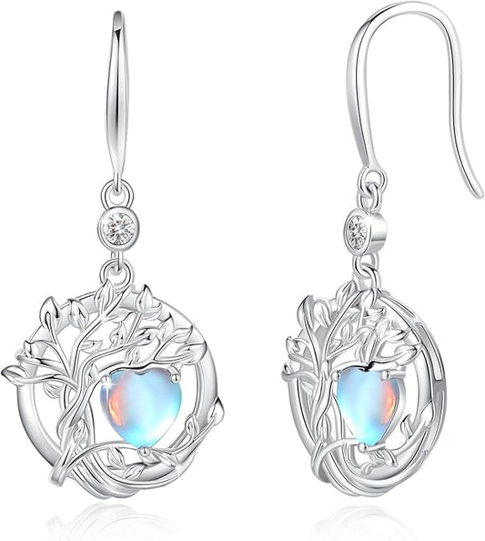 FANCIME Tree of Life Dangle Drop Earrings 925 Sterling Silver Dainty Round Gemstone Birthstone Earring Fine Jewelry Birthday Christmas Gifts for Her Women FANCIME