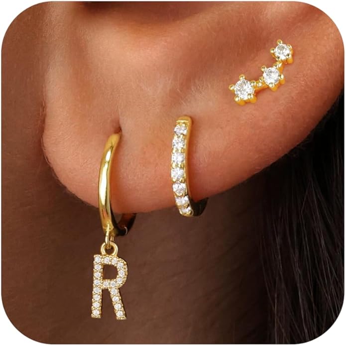 Christmas Gifts for Teen Girls Kids - 3 Pairs Gold Earrings for Women Huggie Hoop Earrings for Girls with Initial Dangle Cartilage Earring Studs Hypoallergenic Earring Set for Multiple Piercing JIAOGE