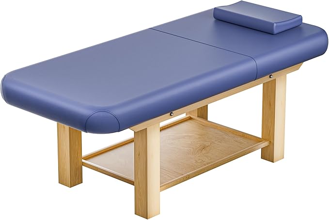 Stationary Massage Table with Memory Foam, Massage TattooTable with Adjustable Height, Facial Bed for Esthetician, PU Leather for Physical Therapy & Spa (Wood/Blue, 75''L x 28''W x 25''H) Kick Boosters