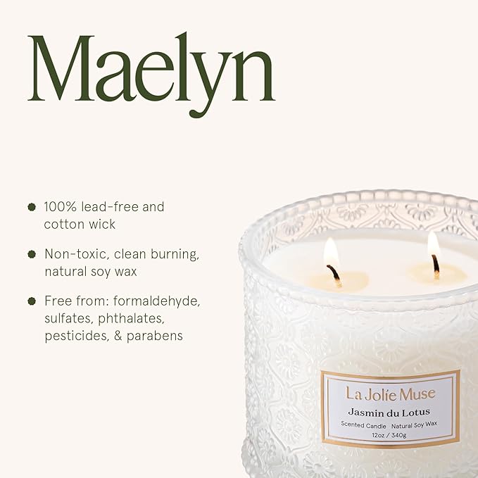 LA JOLIE MUSE Jasmin du Lotus Candle - Ivy, Jasmine, Cedarwood | 12 oz Large 2-Wick Soy Wax Candle | 60 Hours Clean Burn | Floral Scented Candle | Gift-Ready for Hosts & Gatherings LaJol%C3%ADeMuse