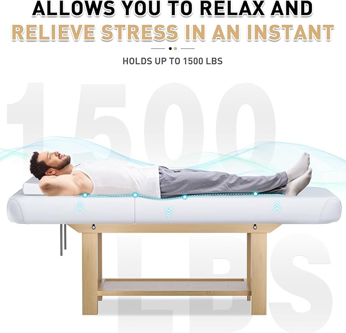 Stationary Massage Table with Memory Foam, Massage TattooTable with Adjustable Height, Facial Bed for Esthetician, PU Leather for Physical Therapy & Spa (Wood/White, 75''L x 28''W x 25''H) Kick Boosters
