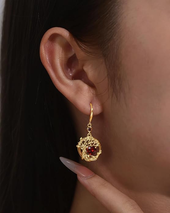 FANCIME Tree of Life Dangle Drop Earrings 925 Sterling Silver Dainty Round Gemstone Birthstone Earring Fine Jewelry Birthday Christmas Gifts for Her Women FANCIME