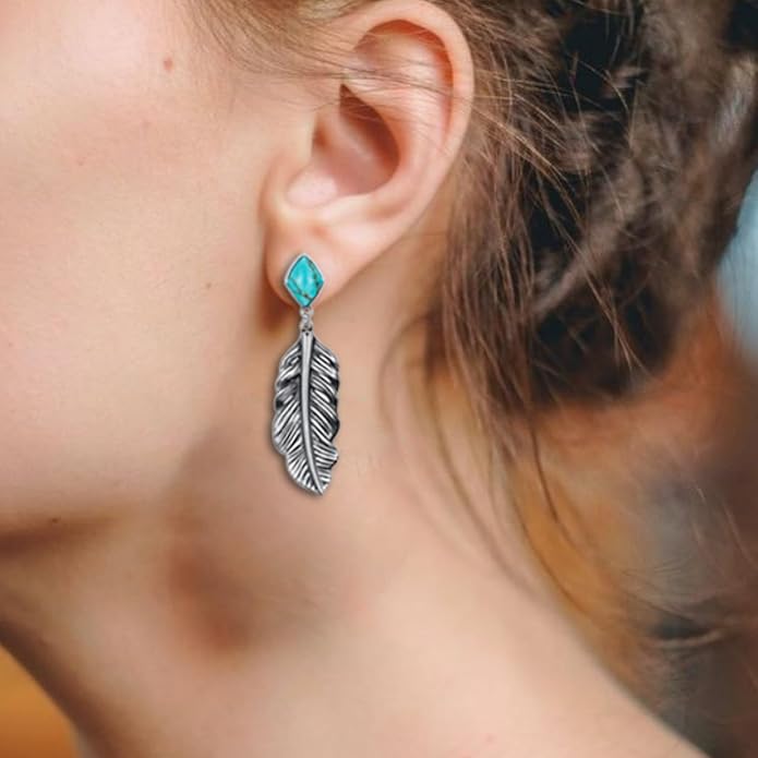 Genuine Turquoise Leaf Earrings, Sterling Silver Dangle Drop Vintage Boho Feather Earrings Birthday Gift for Women DOLIOX