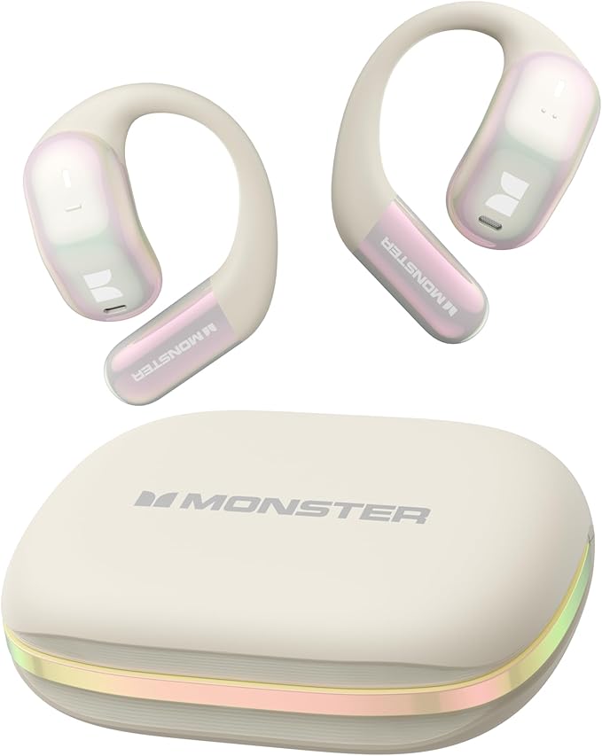 Monster Open Ear AC326 Headphones, Bluetooth 6.0 Wireless Earbuds with Dual-Mic Clear Calls, Air Conduction Headphones with Ear Hooks, Spatial Audio, Snug Fit, 35H Playtime, IPX5 for Sports, White Monster