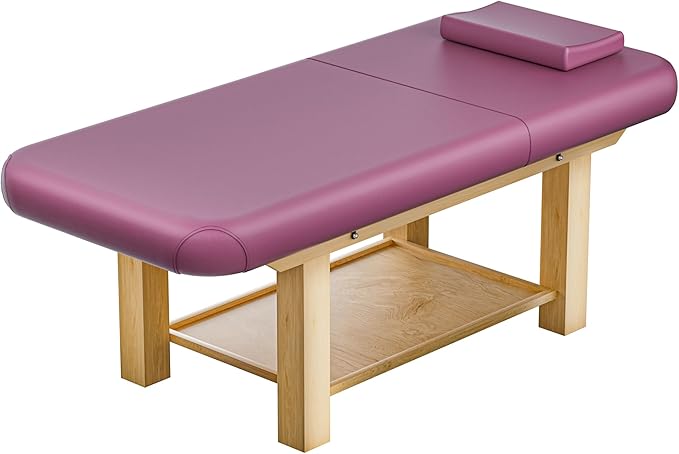 Stationary Massage Table with Memory Foam, Massage TattooTable with Adjustable Height, Facial Bed for Esthetician, PU Leather for Physical Therapy & Spa (Wood/RED, 75''L x 28''W x 25''H) Kick Boosters