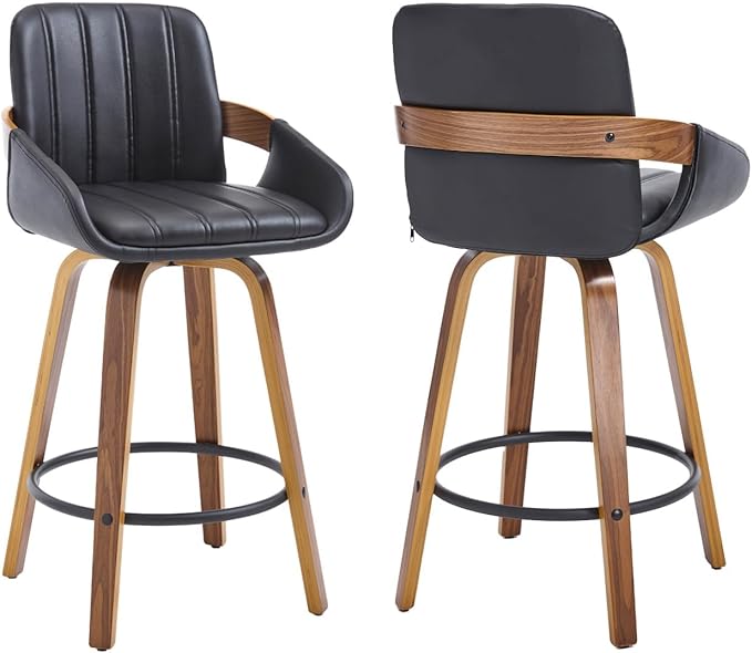 Swivel Bar Stools Set of 2, 26" Counter Height Bar Stools with Back and Arms, Faux Leather Modern Upholstered Bar Chairs with Walnut Frame for Kitchen Island Bar - Black VipDesk