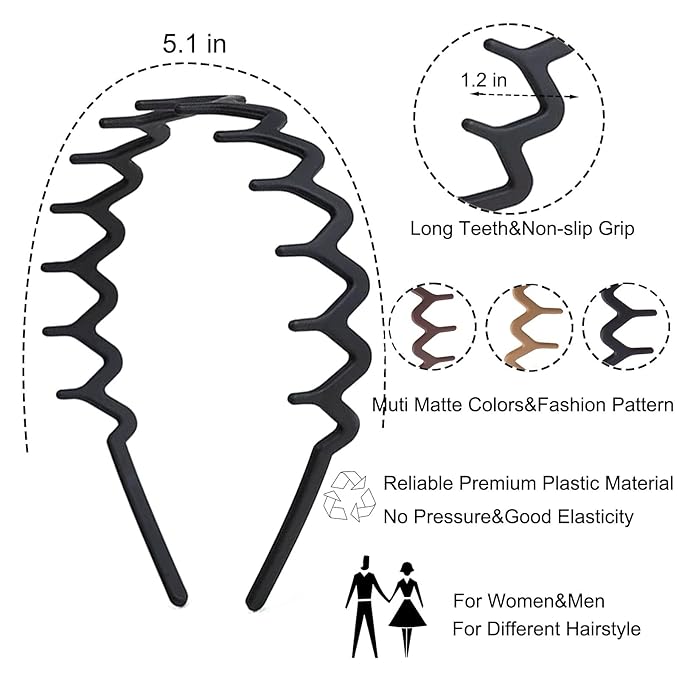 6 PCS Zig Zag Headbands Plastic Wavy Hair Head Band Comb with Teeth Hoop Accessories for Women Men Girls, Matte Morandi Kick Boosters