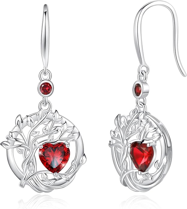 FANCIME Tree of Life Dangle Drop Earrings 925 Sterling Silver Dainty Round Gemstone Birthstone Earring Fine Jewelry Birthday Christmas Gifts for Her Women FANCIME