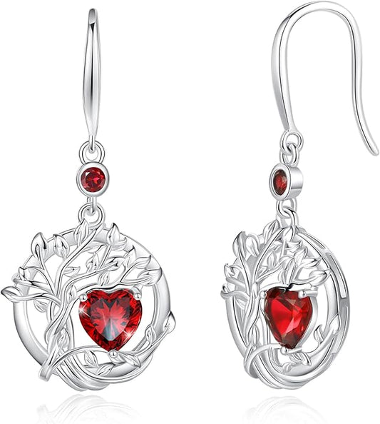 FANCIME Tree of Life Dangle Drop Earrings 925 Sterling Silver Dainty Round Gemstone Birthstone Earring Fine Jewelry Birthday Christmas Gifts for Her Women FANCIME