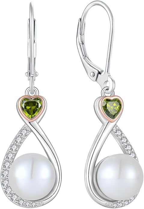 Heart Birthstone Pearl Earrings, 925 Sterling Silver Infinity Dangle Drop Leverback Earrings, 9mm Freshwater Cultured Pearl & 4mm Gemstone Jewelry Valentine's Day Gift for Women VESHONJEWELRY