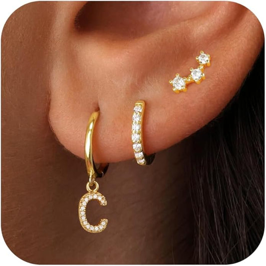 Christmas Gifts for Teen Girls Kids - 3 Pairs Gold Earrings for Women Huggie Hoop Earrings for Girls with Initial Dangle Cartilage Earring Studs Hypoallergenic Earring Set for Multiple Piercing JIAOGE