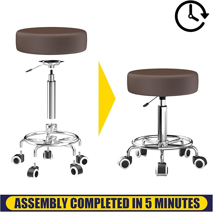 Rolling Stool, Heavy Weight Capacity 250lb, PU Leather Rolling stools, Ultra Soft Padded Seat, Rolling Stools with Wheels and Footrest, 360° Swivel, Spa Drawing Salon Work Office Tattoo Stool (Brown) YEEZEE