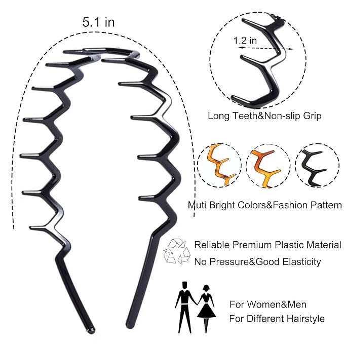 6 PCS Zig Zag Headbands Plastic Wavy Hair Head Band Comb with Teeth Hoop Accessories for Women Men Girls, Classic Black&Retro Leopard Kick Boosters