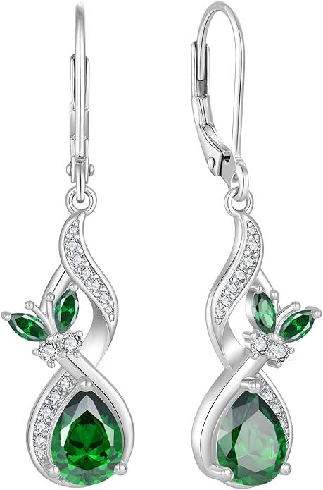 Infinity Butterfly Earrings 925 Sterling Silver Birthstone Dangle Drop Leverback Earrings Cubic Zirconia Hypoallergenic Jewelry Birthday Christmas Gifts for Women Mother Wife Her FYNSBLE