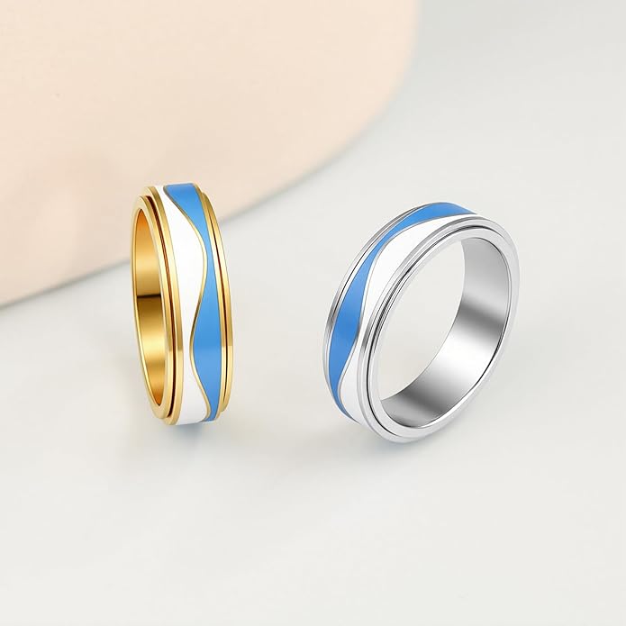 OreilleStar Fidget Anxiety Relief Ring for Women: Blue Sky and White Cloud Stripes Outer Band Fidget Toys Adults Stainless Steel Spinner Thumb Rings for Men Silver Gold Plated Size 5-10