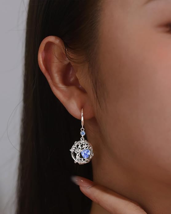 FANCIME Tree of Life Dangle Drop Earrings 925 Sterling Silver Dainty Round Gemstone Birthstone Earring Fine Jewelry Birthday Christmas Gifts for Her Women FANCIME