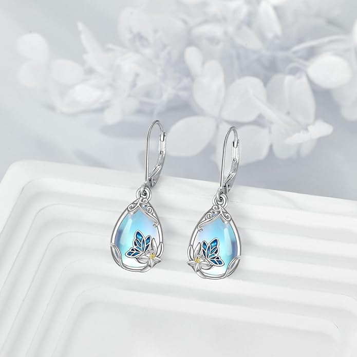 YFN Bee/Flower/Hummingbird Bird Moonstone Earrings 925 Sterling Silver Teardrop Dangle Hypoallergenic Leverback Earring for Women YFN
