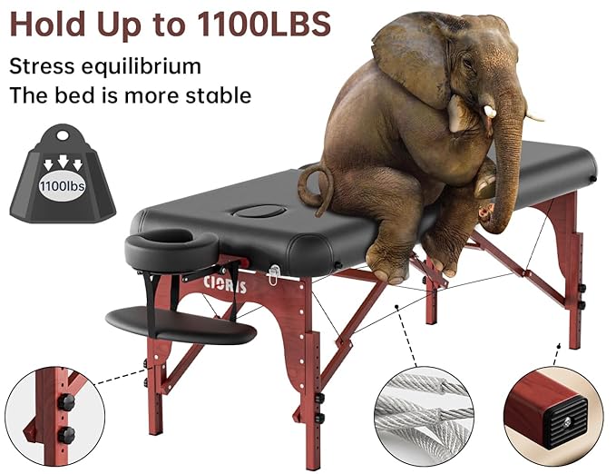 CLORIS 84" Professional Massage Table Portable 2 Folding Lightweight Facial Salon Spa Tattoo Bed Height Adjustable with Carrying Bag & Wooden Leg Hold Up to 1100LBS Black Widen CLORIS-Direct