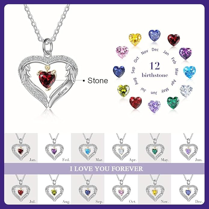GLAMCARAT Personalized sterling silver pendant necklace with birthstone and name mothers jewelry heart shaped necklace for her birthstone necklace GLAMCARAT
