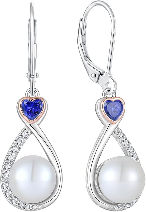 Heart Birthstone Pearl Earrings, 925 Sterling Silver Infinity Dangle Drop Leverback Earrings, 9mm Freshwater Cultured Pearl & 4mm Gemstone Jewelry Valentine's Day Gift for Women VESHONJEWELRY