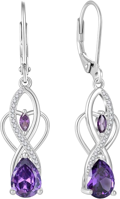 Infinity Butterfly Earrings 925 Sterling Silver Birthstone Dangle Drop Leverback Earrings Cubic Zirconia Hypoallergenic Jewelry Birthday Christmas Gifts for Women Mother Wife Her FYNSBLE