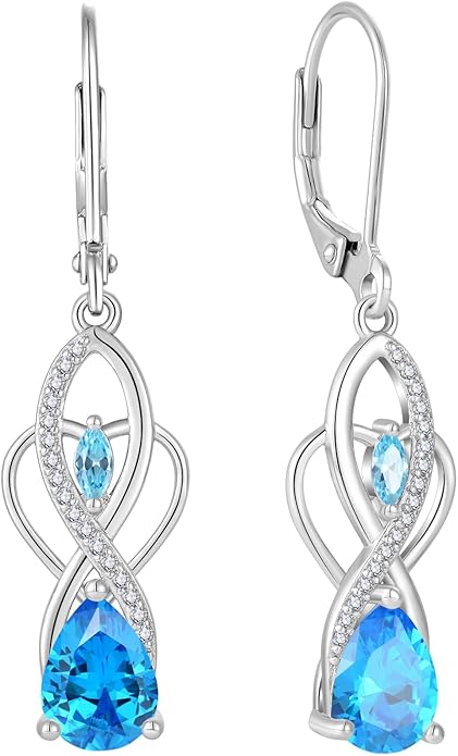 Infinity Butterfly Earrings 925 Sterling Silver Birthstone Dangle Drop Leverback Earrings Cubic Zirconia Hypoallergenic Jewelry Birthday Christmas Gifts for Women Mother Wife Her FYNSBLE